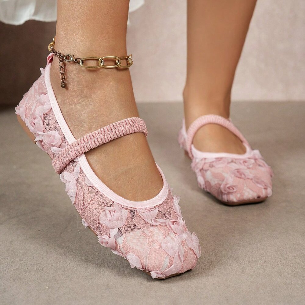 Pink Elegant Women's Floral Casual Plus Size Flat Loafers - Picture 3 of 6